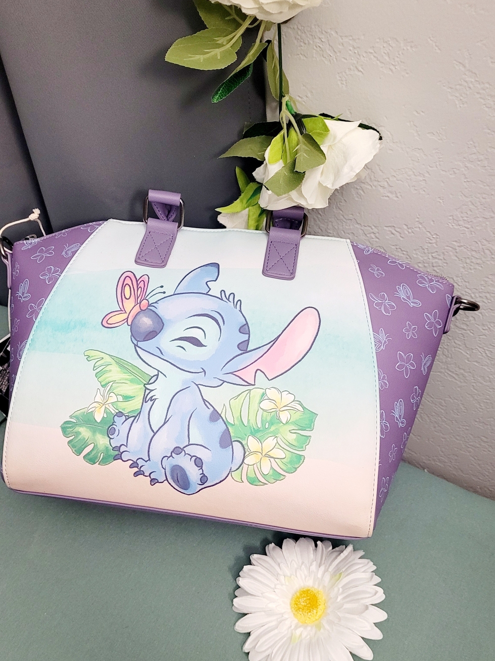 Disney Purple Stitch Floral Print Tote Bag with Pastel Front Art